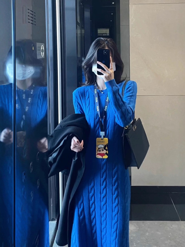 【现货】高级感超好看法式千金配大衣长裙蓝色针织毛衣内搭连衣裙|undefined