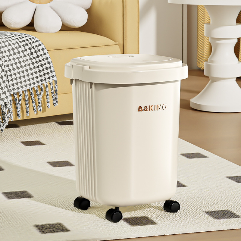 Square Household Trash Can with Wheels, Large-Capacity Garbage Storage Bucket, Kitchen Press Ring, Bathroom, Living Room, Office