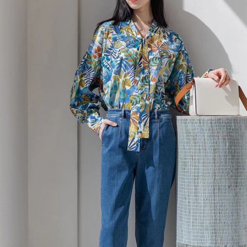 IC Xiaohe Tropical Rainforest Printed Shirt Women's 2025 New Cotton Lace-up Long Sleeve Loose Slimming Niche Vintage IC Xiaohe Tropical Rainforest Printed Shirt Women's 2025 New Cotton Lace-up Long Sleeve Loose Slimming Niche Vintage