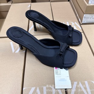 Za Square-Toed Open-Toe Bowknot Stiletto Mules with a Single Strap, European and American Style Women's High-Heeled Sandals