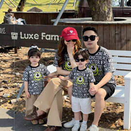2026新款大眼仔家庭装刺绣短袖T恤一家三口亲子装宝宝上衣母子装