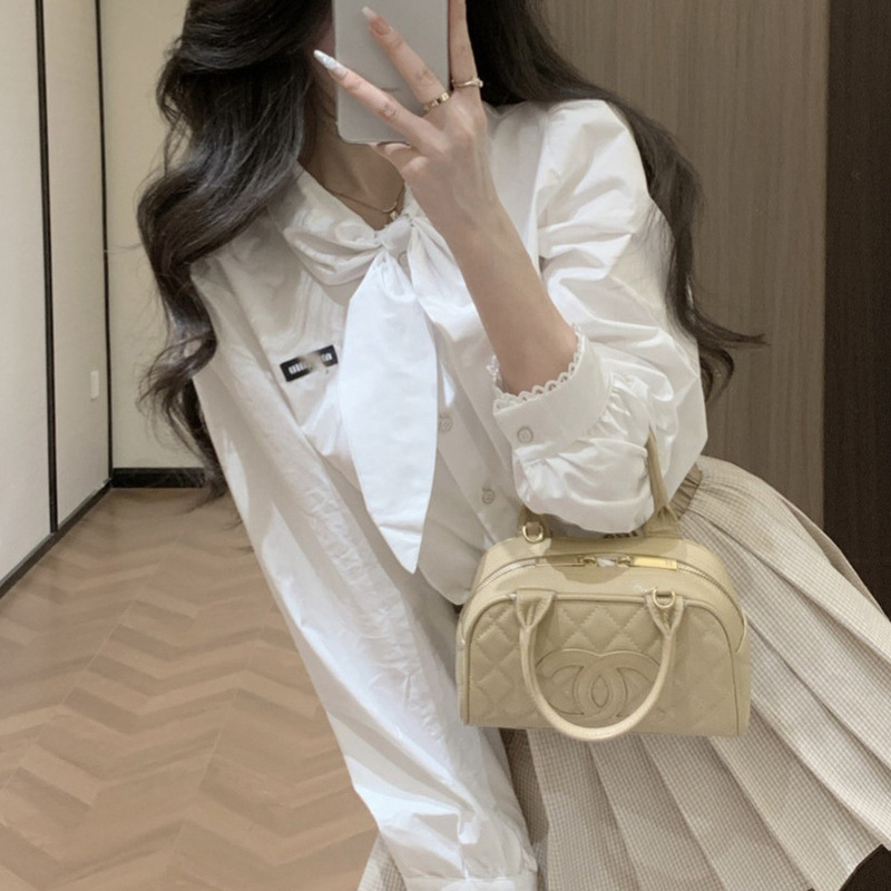 Miu-Style White Bow-Tie Shirt with Delicate Lace Trim at the Cuffs, Vintage Girly Feel, Accentuates the Shoulder Line