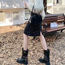 小香风毛呢半身裙女2025秋冬新款复古格子高腰包臀短裙A字开叉裙