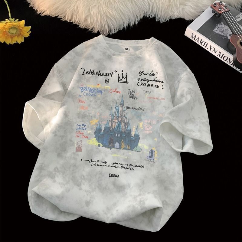 T-shirt de mangas cortas de verano tiñida de moda para niños inches deportivos sueltos impresión de cuello redondo media manga camisa adolescente