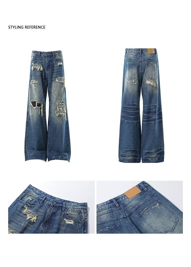 Men's High-End Retro Distressed Ripped Camouflage Patchwork Wide Leg Jeans Loose Fit Floor Length Pants_mkmklike.com