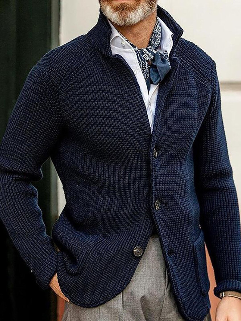 秋冬纯色立领单排扣修身针织大码长袖外套男Men's knitted jacket