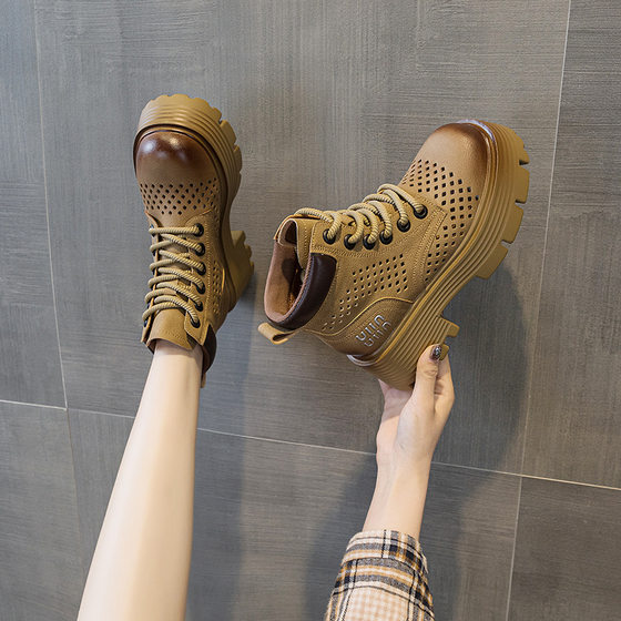 Boots for Women 2025 Summer Perforated and See-Through Mesh Retro European and American Leather Short Work Boots British Style Versatile Women's Boots