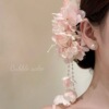 7# sakura pink simulated petal crystal chain duckbill hair clip
