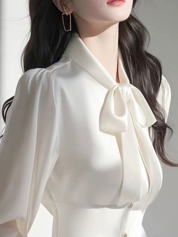 2025年春秋白色蝴蝶结衬衫女高级感轻奢减龄洋气独特漂亮收腰上衣|undefined