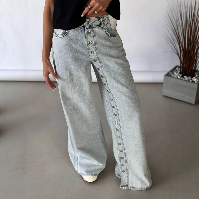 Washed Vintage Denim Jeans with Diagonal Placket Buttons for Women, Casual Loose Fit, Versatile Trendy Brand Pants Washed Vintage Denim Jeans with Diagonal Placket Buttons for Women, Casual Loose Fit, Versatile Trendy Brand Pants