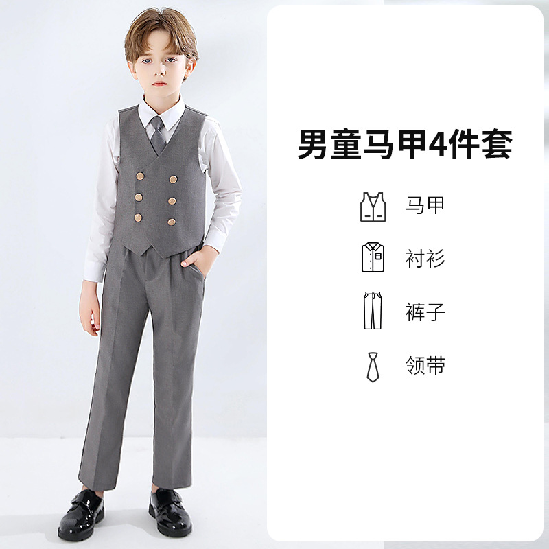 Traje para niños chaleco traje de niño gris estilo británico vestido flor niña traje anfitrión guapo de gama alta