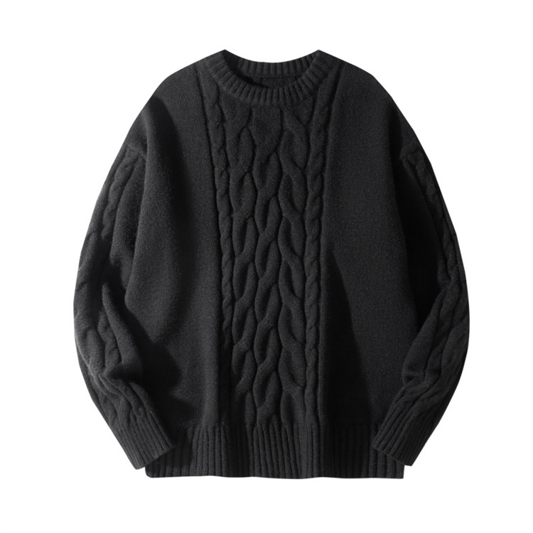 Maglione da uomo in maglia a trecce - Maglione girocollo oversize dalla vestibilità comoda con pannelli a contrasto (nero, bianco)_voghion.com