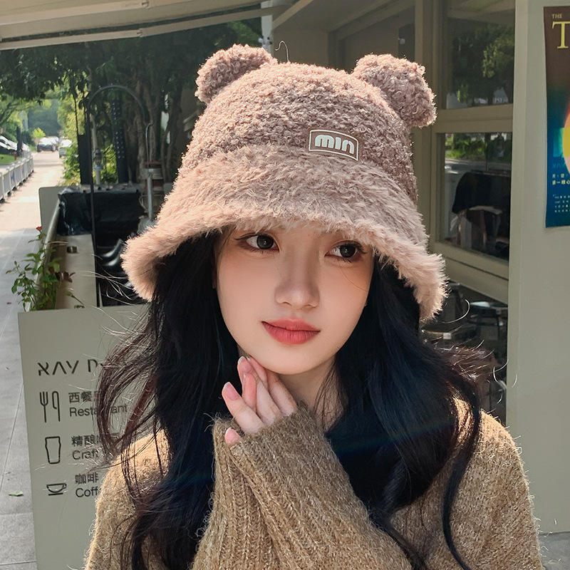 Nueva moda coreana de cordero sombrero de peluche para mujeres otoño y invierno caliente retro versátil más vello grueso sombrero de bañera muestra cara pequeña