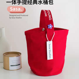 韩国帆布水桶包休闲百搭妈咪包便携午餐饭盒袋手拎包来图印logo