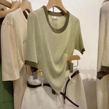 法式针织衫女短袖2024春夏季新款简约设计感短款上衣修身打底衫女