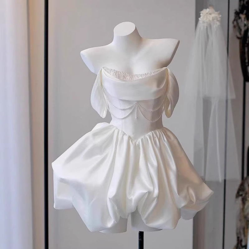 Satin Off-The-Shoulder Light Wedding Dress, French-Style Short Dress for Marriage Registration, Engagement Dress, Birthday Party, Banquet, White Cocktail Dress Satin Off-The-Shoulder Light Wedding Dress, French-Style Short Dress for Marriage Registration, Engagement Dress, Birthday Party, Banquet, White Cocktail Dress