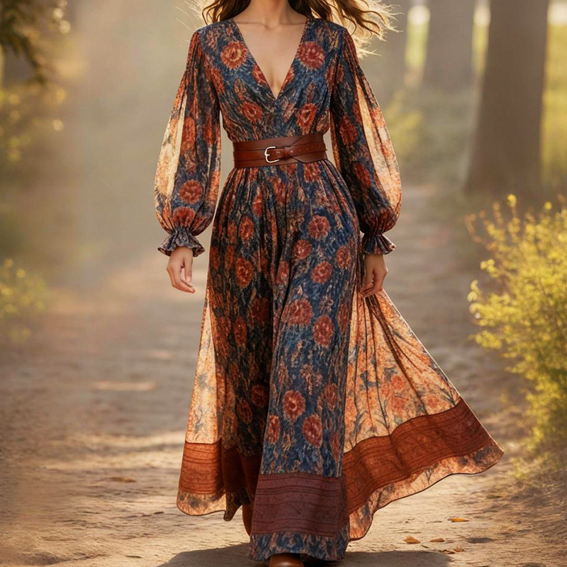 Ln1757 Cross-Border 2026 European and American Spring New Women's Printed V-Neck Long-Sleeved Slim-Fit Long Dress for Women Ln1757 Cross-Border 2026 European and American Spring New Women's Printed V-Neck Long-Sleeved Slim-Fit Long Dress for Women