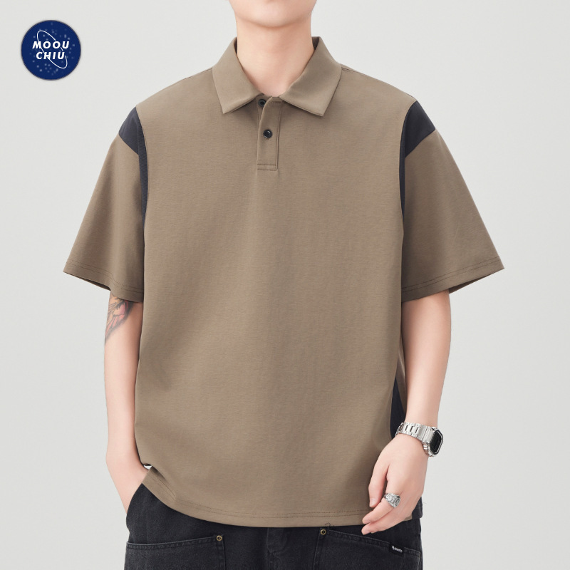 Muqiu Men's Wear ∠ American Retro Polo Shirt Short-sleeved Men's Summer Loose plus size Contrast Color Stitching T-shirt Top