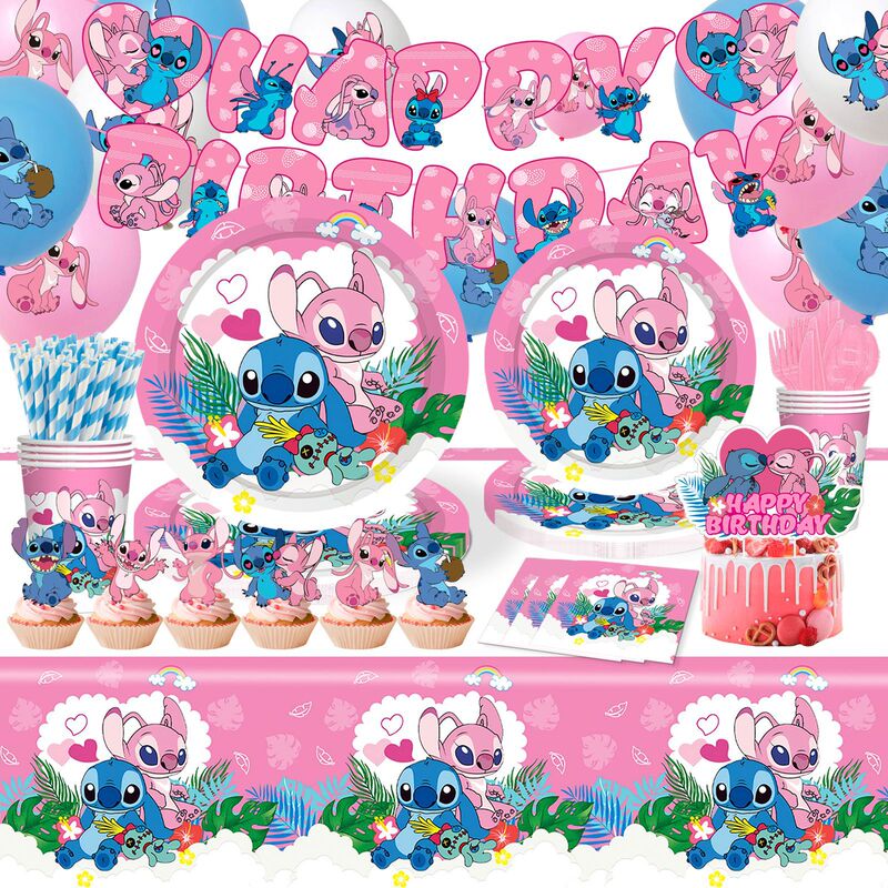 Stitch Angel Children's Birthday Party Tableware Disposable Paper Plate Cup Tissue Balloon Set Decoration Supplies