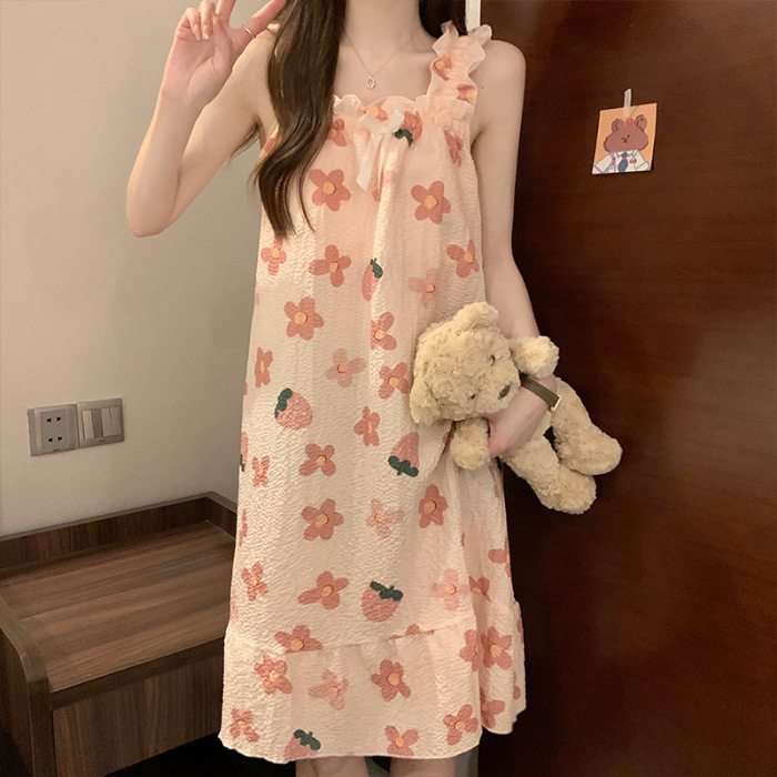 Camisón de verano las mujeres desmontable dulce Sling estudiante pijamas tejido burbuja algodón vestido desgaste en el hogar con el cojín del pecho
