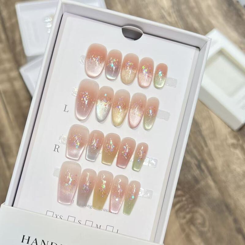 Purely Handmade Wearable Nails, Rainbow Dopamine Dynamic Cat Eye Flashing Pure Desire Blush Removable Manicure Patch Purely Handmade Wearable Nails, Rainbow Dopamine Dynamic Cat Eye Flashing Pure Desire Blush Removable Manicure Patch