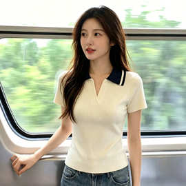 韩系撞色polo领冰丝针织短袖t恤女夏季高级感独特漂亮减龄款上衣