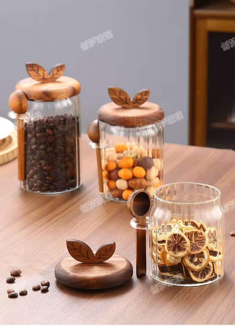 条纹玻璃储物罐,厨房香草香料带勺,木盖玻璃密封罐,代发食品储物罐