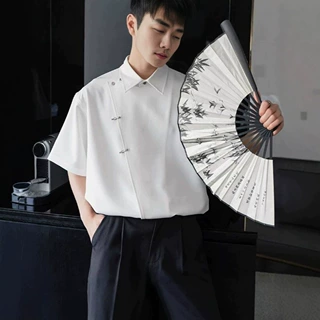 外贸夏季新款短袖男装潮牌衬衫时尚新中式设计感气质男士斜襟上衣