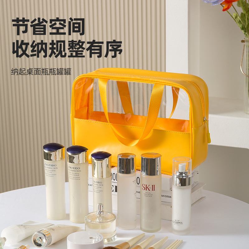 Bolsa de cosméticos de PU con diseño dividido, elegante bolsa de almacenamiento de maquillaje portátil, venta al por mayor, gran apertura, bolsa de aseo de gran capacidad, dropshipping