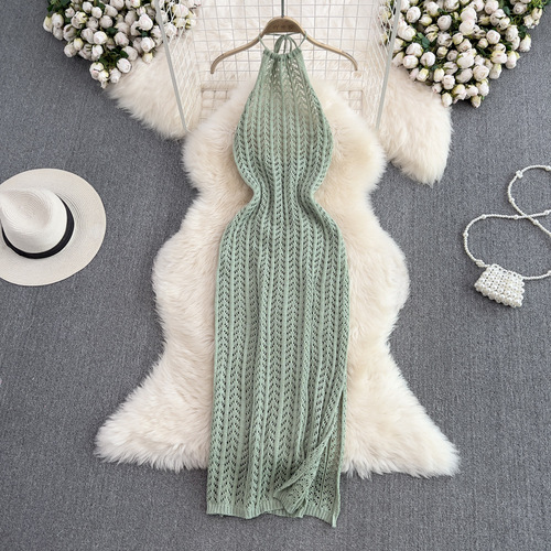 Summer Women's Sexy Slim-fit Sheath Dress with Neckline, Mid-length Slit Backless Sleeveless Hollow-out Knitted Dress