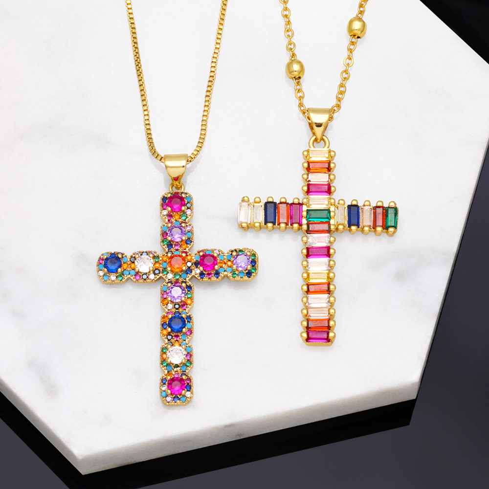 Fashion Hip Hop Micro-Inlaid Color Zircon Cross Copper Necklace