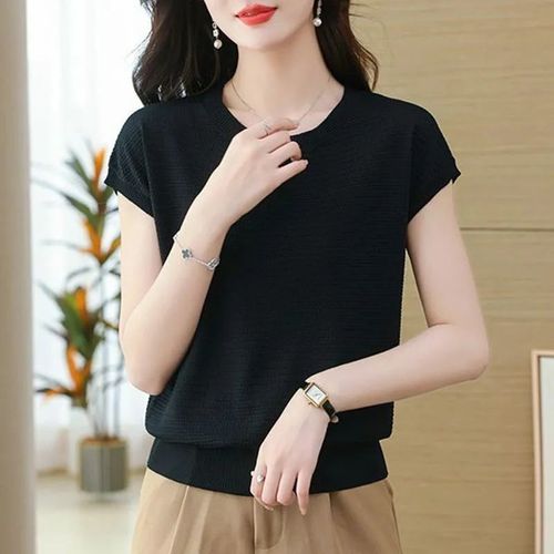 Women's Summer Casual Loose Knit Short Sleeve T-shirt with Round Neck, Trendy and Versatile Short Top for Casual Outfits