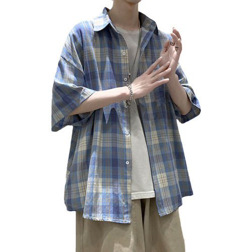 Men's Short-Sleeve Summer Thin Grid Shirt, Streetwear Loose Five-Button Shirt, Hip-Hop Hong Kong Style Half-Sleeve Top
