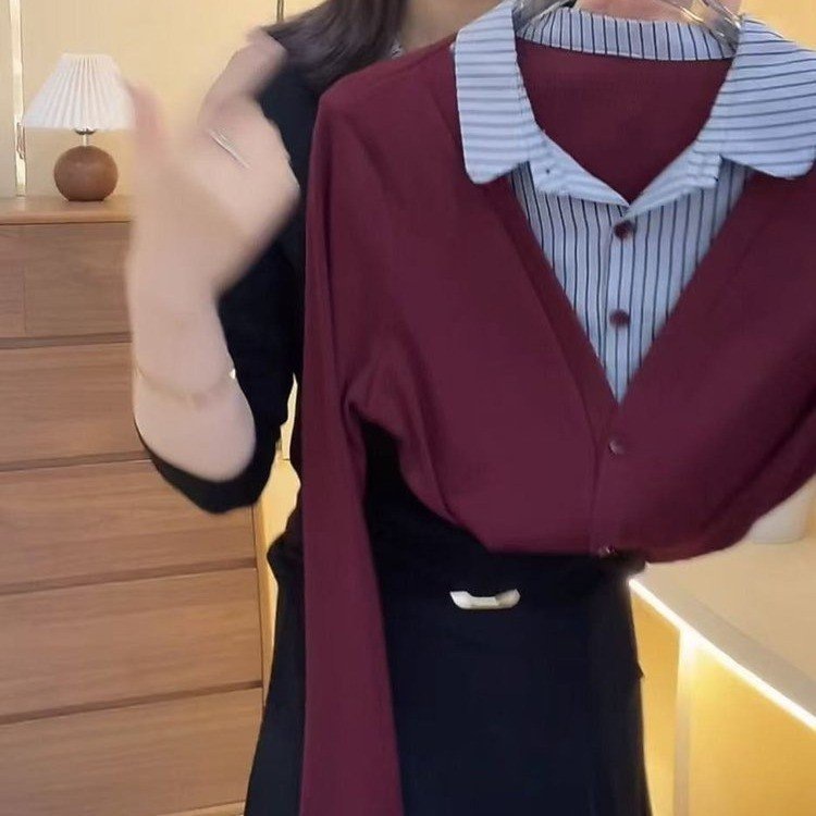 批发中年妈妈装女士2025早秋新款时尚假两件长袖打底衫显瘦polo领|undefined