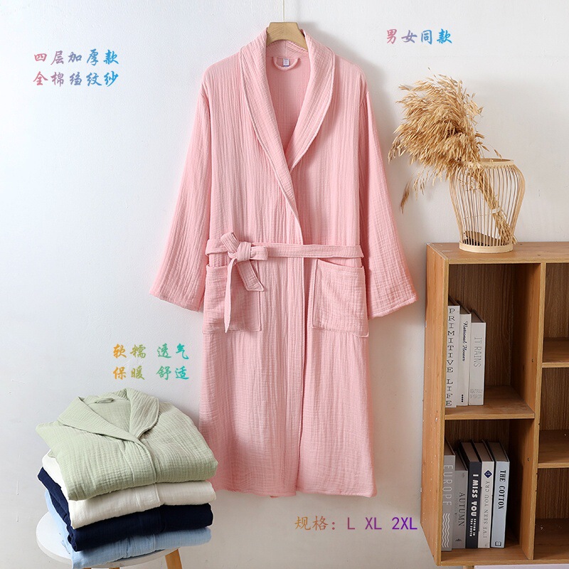 Four-Layer Cotton Gauze Green Fruit Collar Bathrobe Nightgown Bathrobe Extended Thickened Hooded Home Clothes