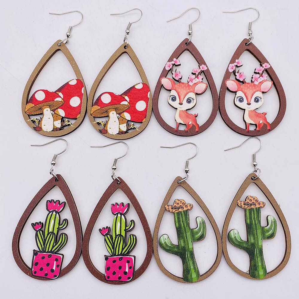 1 Pair Cute Cactus Sika Deer Mushroom Wood Women's Drop Earrings display picture 1