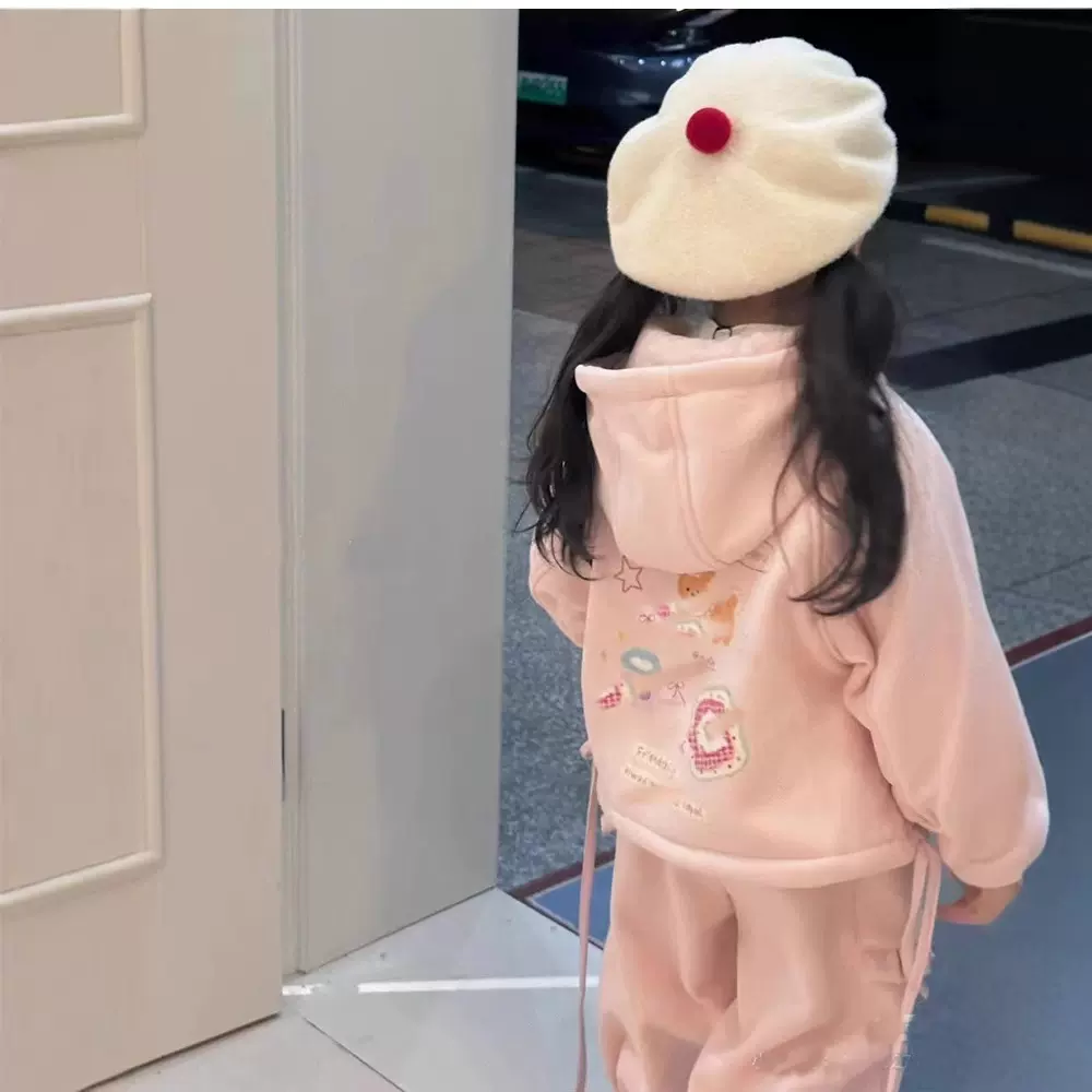 2025女童套装秋冬新儿童加绒卡通连帽卫衣外套小童休闲卫裤两件套
