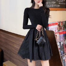 春秋季外穿温柔垂感仙女内搭气质拼接网纱连衣裙弹力打底长袖字裙