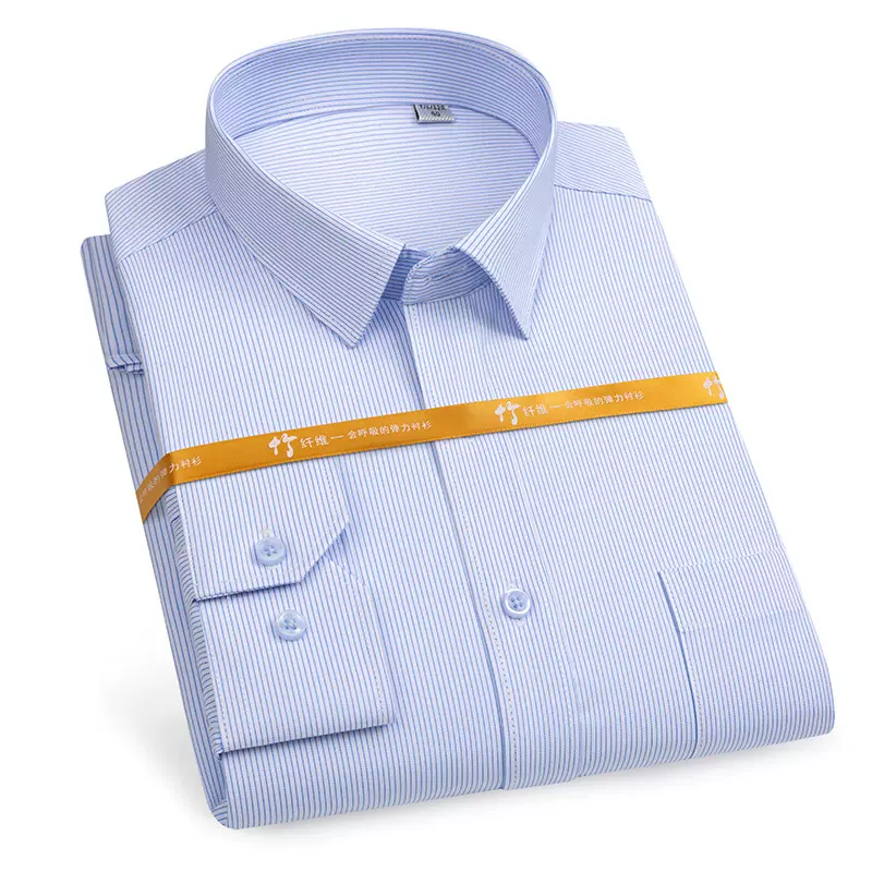 竹纤维商务蓝色细条纹职业衬衫工作服正装男士休闲免烫抗皱衬衣服