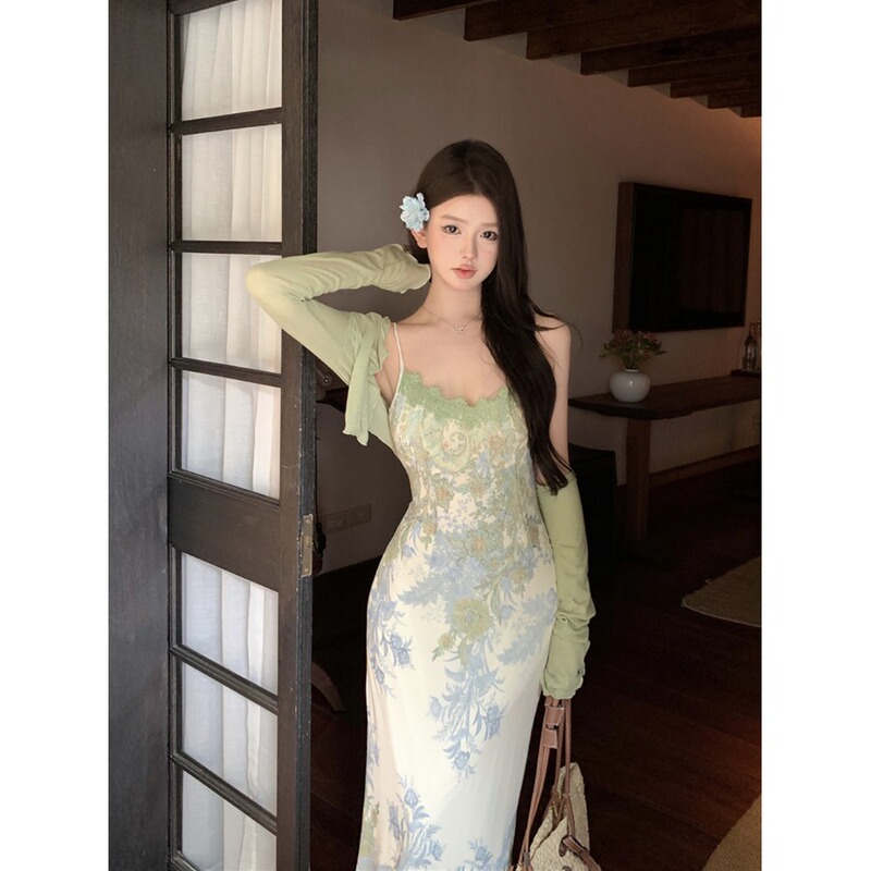 Cool Green Long-Sleeved Sun Protection Cardigan for Women Summer New Suit Printed Suspender Dress Two-Piece Set