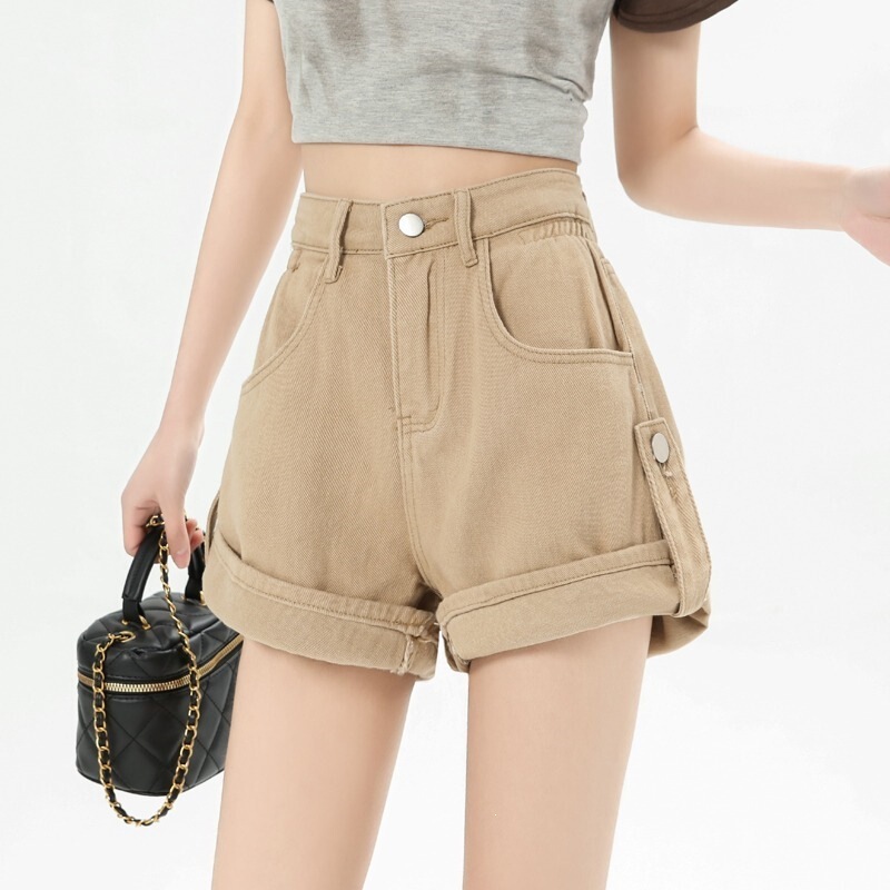 Dirty pink denim shorts for women, summer thin style, 2026 new design, high-waisted, rolled hem, trendy wide-leg knee-length shorts Dirty pink denim shorts for women, summer thin style, 2026 new design, high-waisted, rolled hem, trendy wide-leg knee-length shorts
