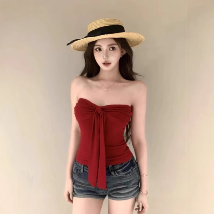 Hot Girl Bow-Tie Tube Top for Women to Go Out with Breast Pads and Beautiful Back Bra All-In-One Design Sleeveless Top