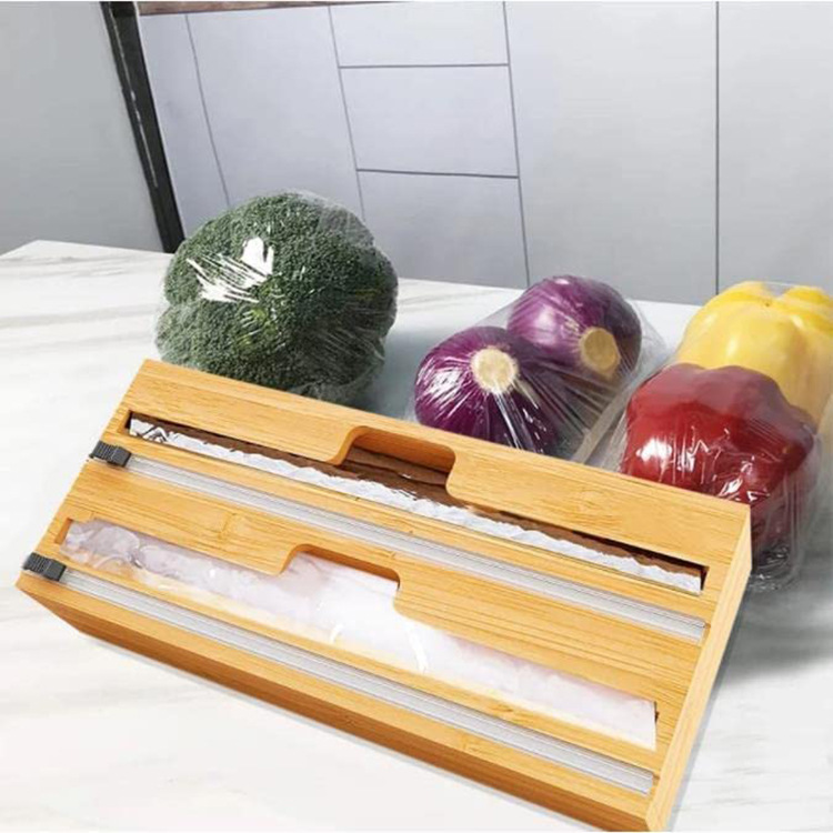 Cortador de envoltura de plástico de bambú cocina pared-montado caja de almacenamiento compartimiento cortador de madera de papel de estaño caja de madera