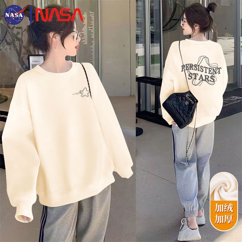 Nasa Hooded Sweatshirt Women's Oversize Loose American Large Size Round Neck Autumn Velvet Top Trendyy Fashion Bottoming