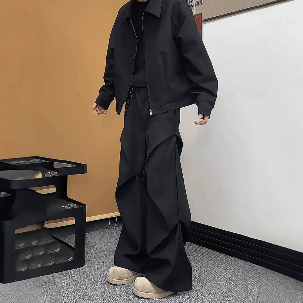 Cleanfit Черные микро-лаканские брюки высокого уровня чувство широкие брюки для мужчин весенние складки десантники комбинезоны