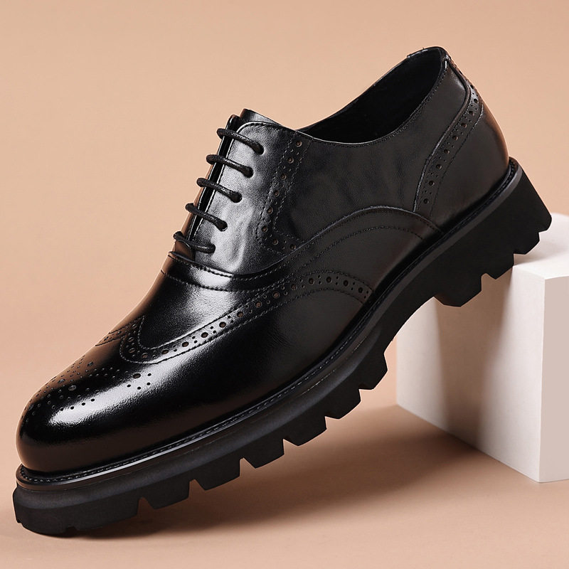 Giày da nam công sở kiểu brogue khắc hoa văn, da bò lớp đầu, đế cao su xốp nhẹ, dây buộc — Màu nâu, màu đen