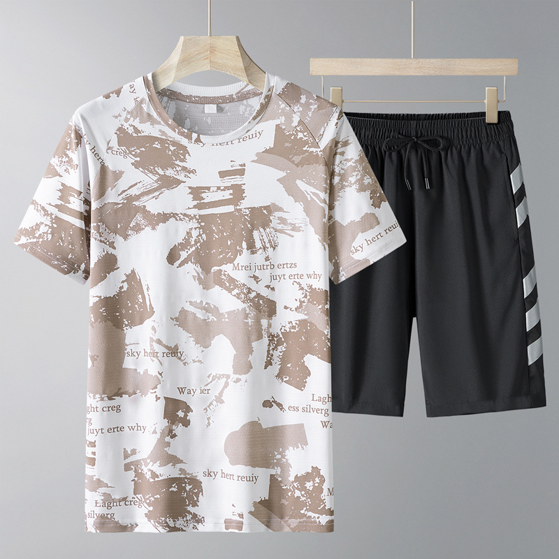 Transfronterizos de verano manga corta traje casual hombre suelto hielo traje de correr pantalones cortos secos rápidos traje deportivo hombre grande