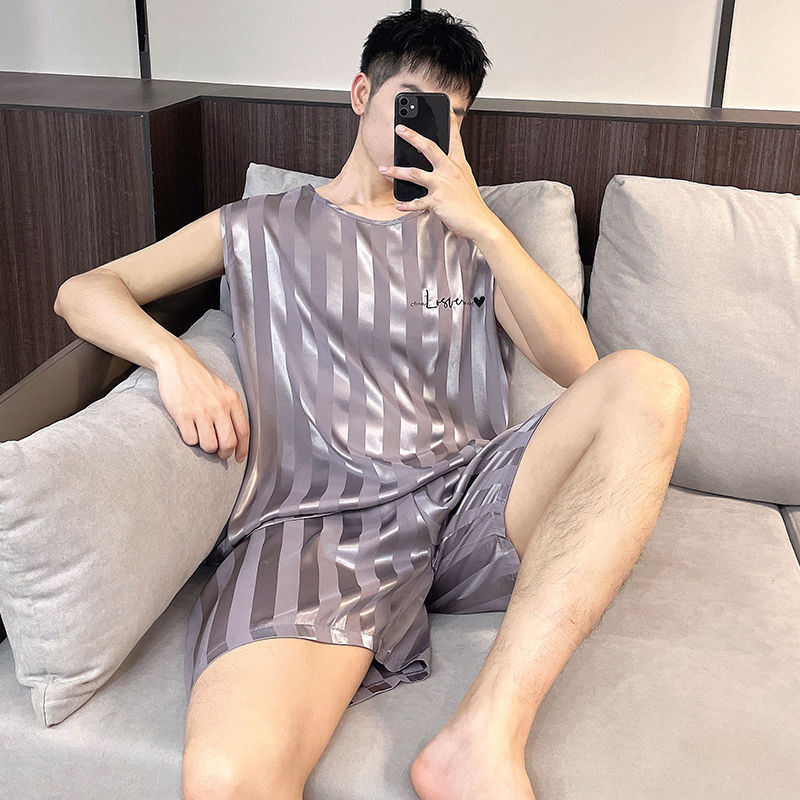 Summer Cool-feeling Ice Silk Vest Pajamas Men's Casual Loose Solid Color Striped Sleeveless Home Clothes suit Outer Wearing