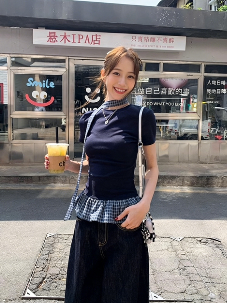 Women's Vintage Plaid Patchwork False Two-Piece Short Sleeve Tee - Slim Fit Retro Style Summer Top_ecoleips.com