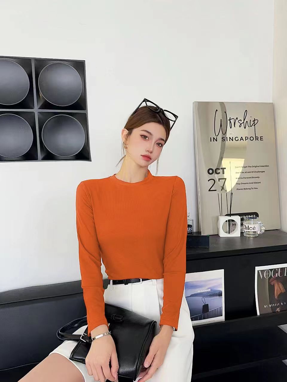 모달 고탄성 라운드넥 긴팔 오렌지